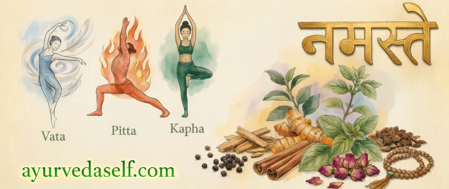 An illustration of the three Ayurvedic doshas — Vata, Pitta, and Kapha — with herbs and spices